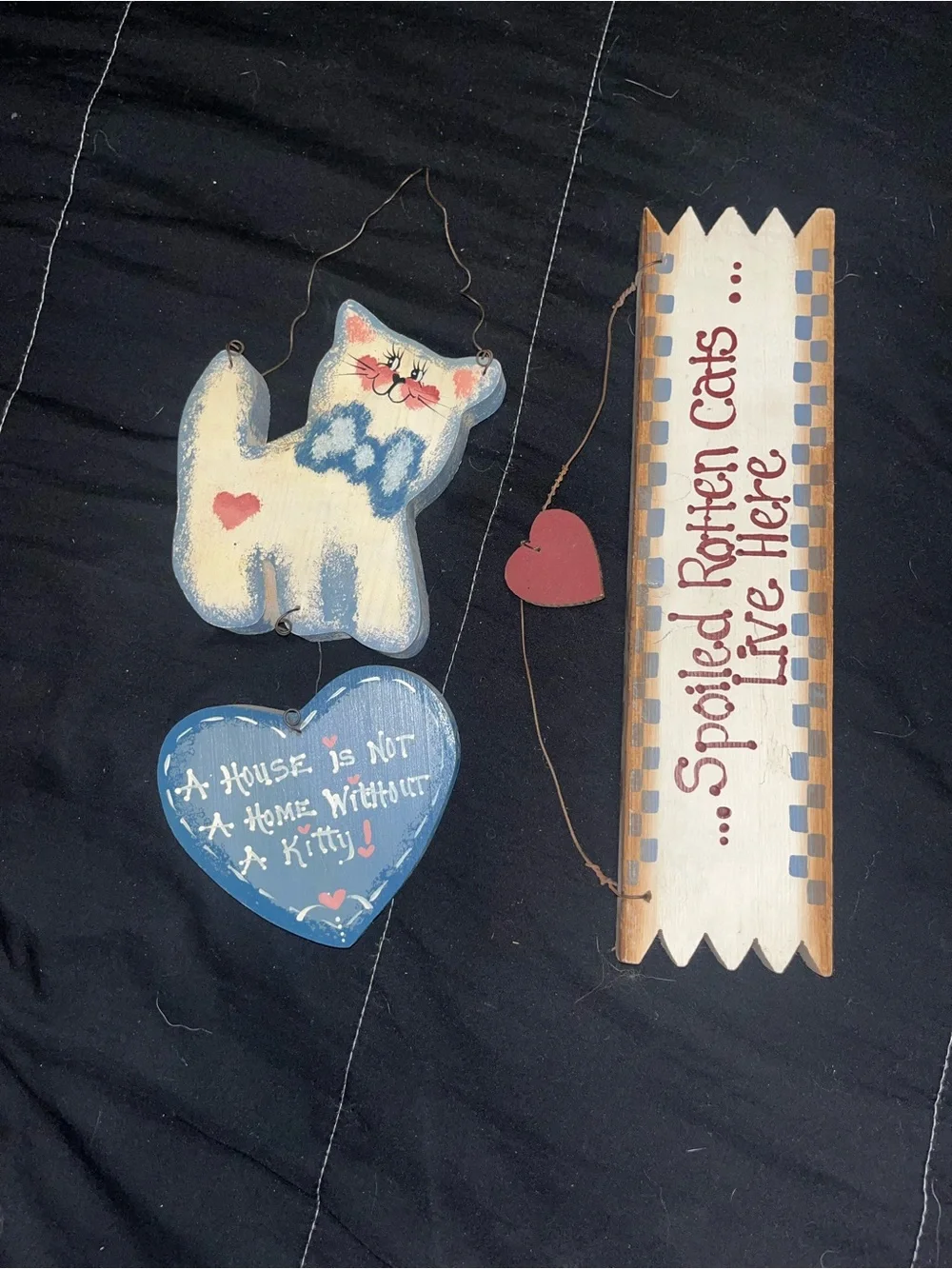 Vintage Wooden Cat Wall Hanging Set - Blue & Cream